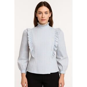 Vintage 1980s Stuart Lang Ruffle blue white Plaid High Neck Prairie Blouse small